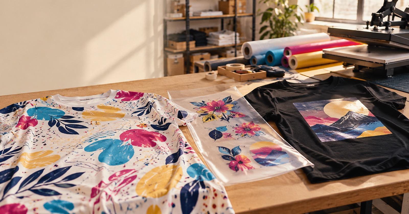 Áo polyester in chuyển nhiệt tràn hoa văn đặt cạnh tấm phim PET in sẵn và áo cotton đen in DTF trên bàn làm việc